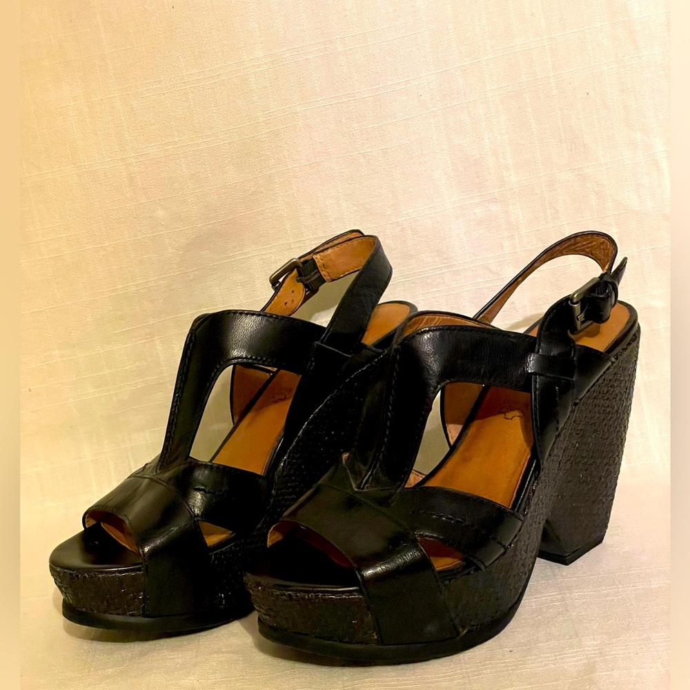 BIALA Sandals Women size 7 Slingback Platform Wedge Heels Black Leather